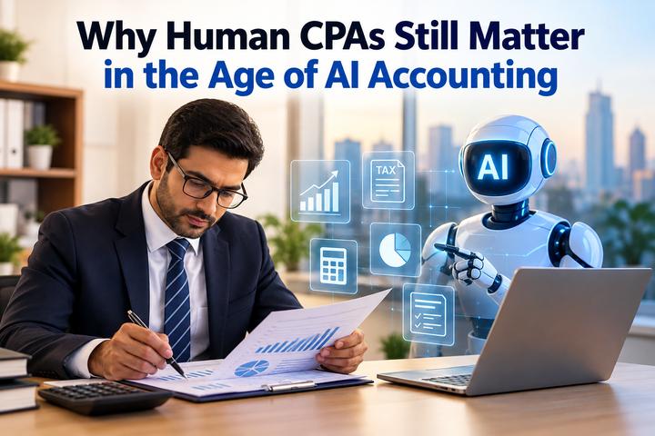 Human CPA reviewing financial reports with AI-powered accounting software